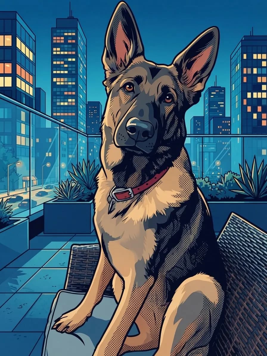 German Shepherd rendered in colourful Pop Art above a city skyline