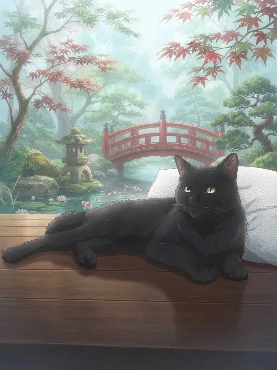 Black cat in a softly illustrated Japanese garden