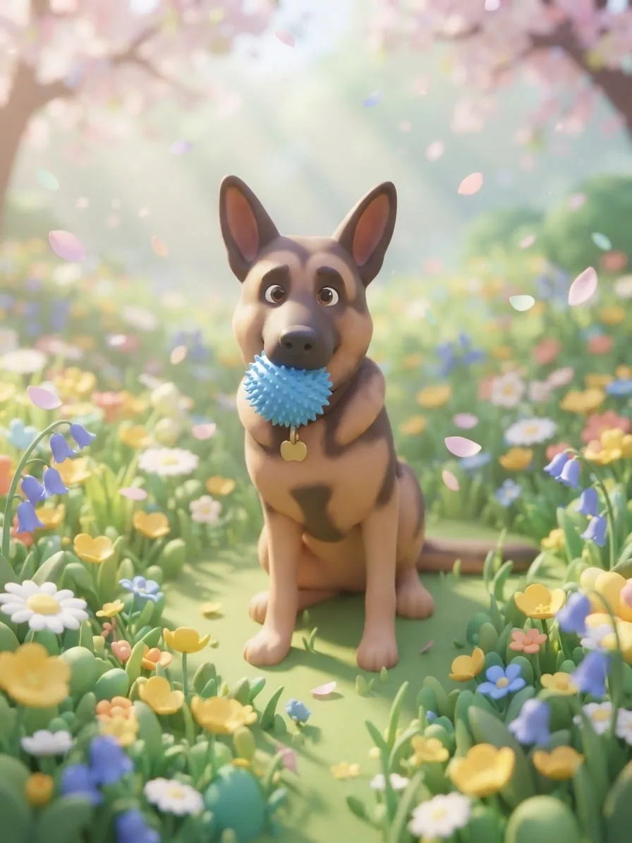 German Shepherd transformed into a softly shaded 3D cartoon character
