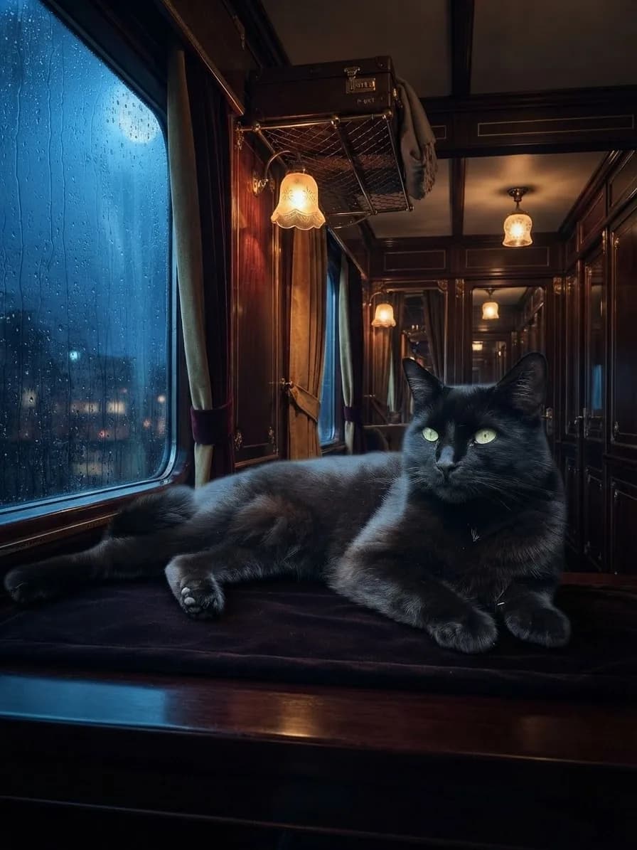 Black cat in a cinematic sleeper train