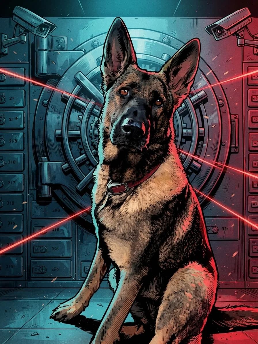 German Shepherd rendered in comic-book ink inside a laser-secured vault
