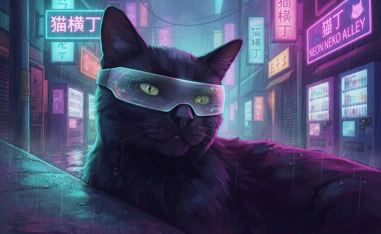 Black cat in a neon city wearing a holographic visor