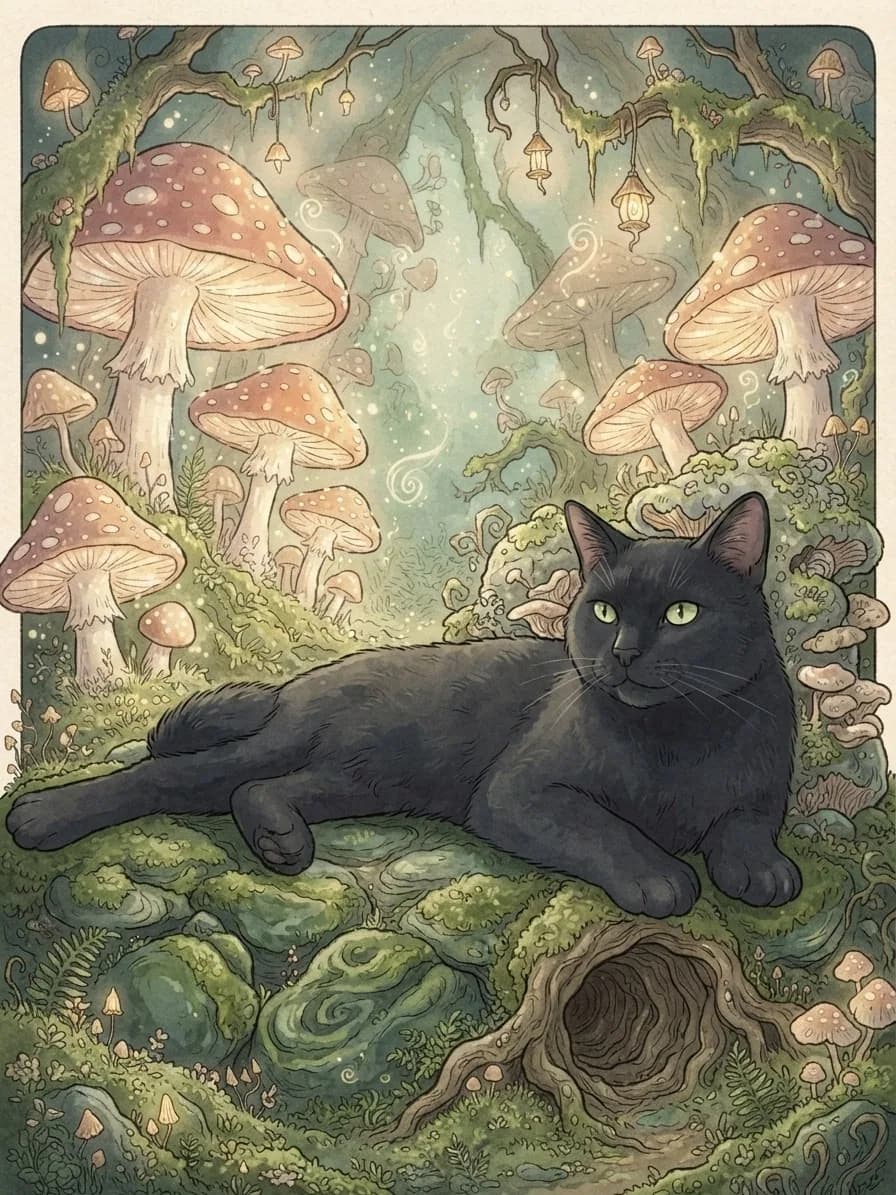 Black cat in a glowing storybook mushroom grotto