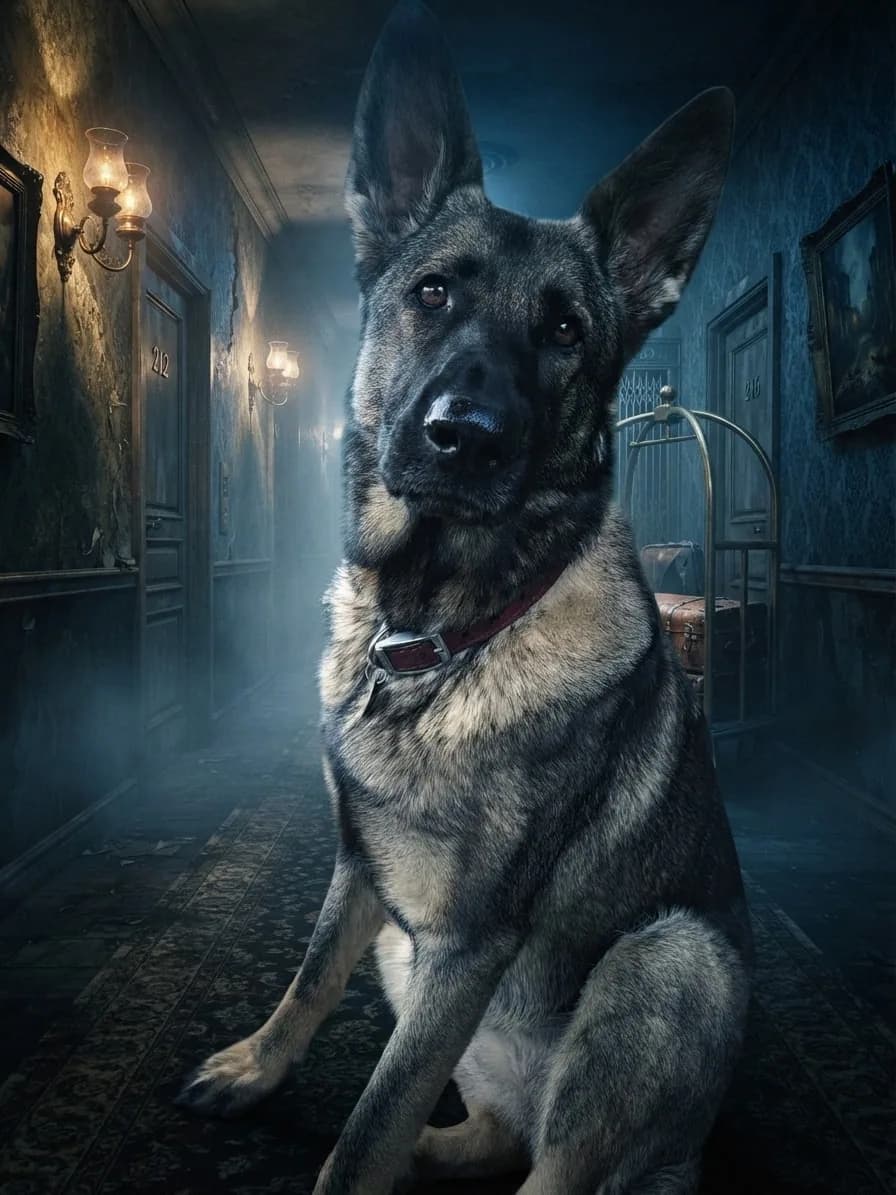 German Shepherd sitting inside a foggy haunted hotel corridor