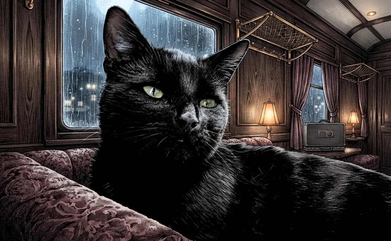 Black cat drawn in Manga ink inside a sleeper train