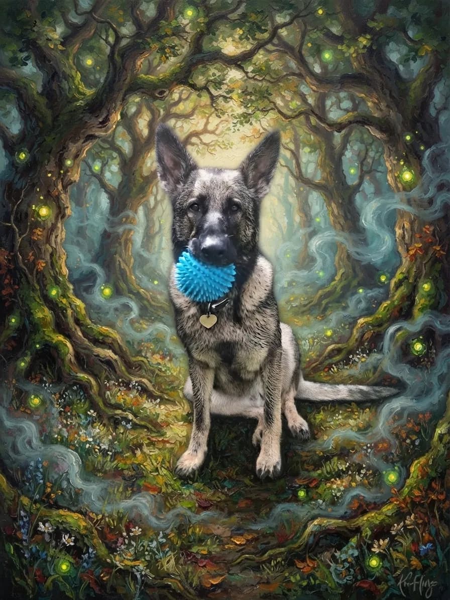 German Shepherd painted in oils beneath glowing trees in an enchanted forest