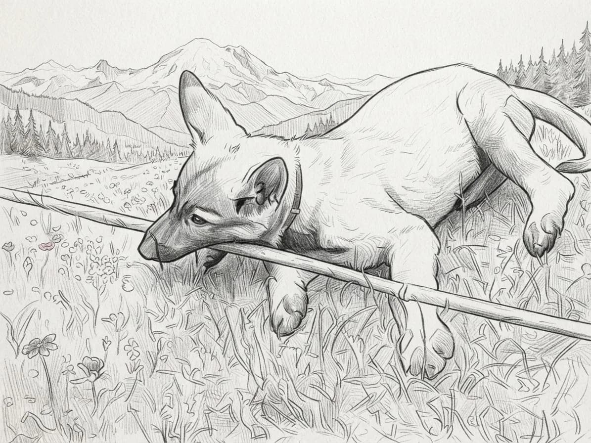 Young German Shepherd drawn in graphite among mountain wildflowers