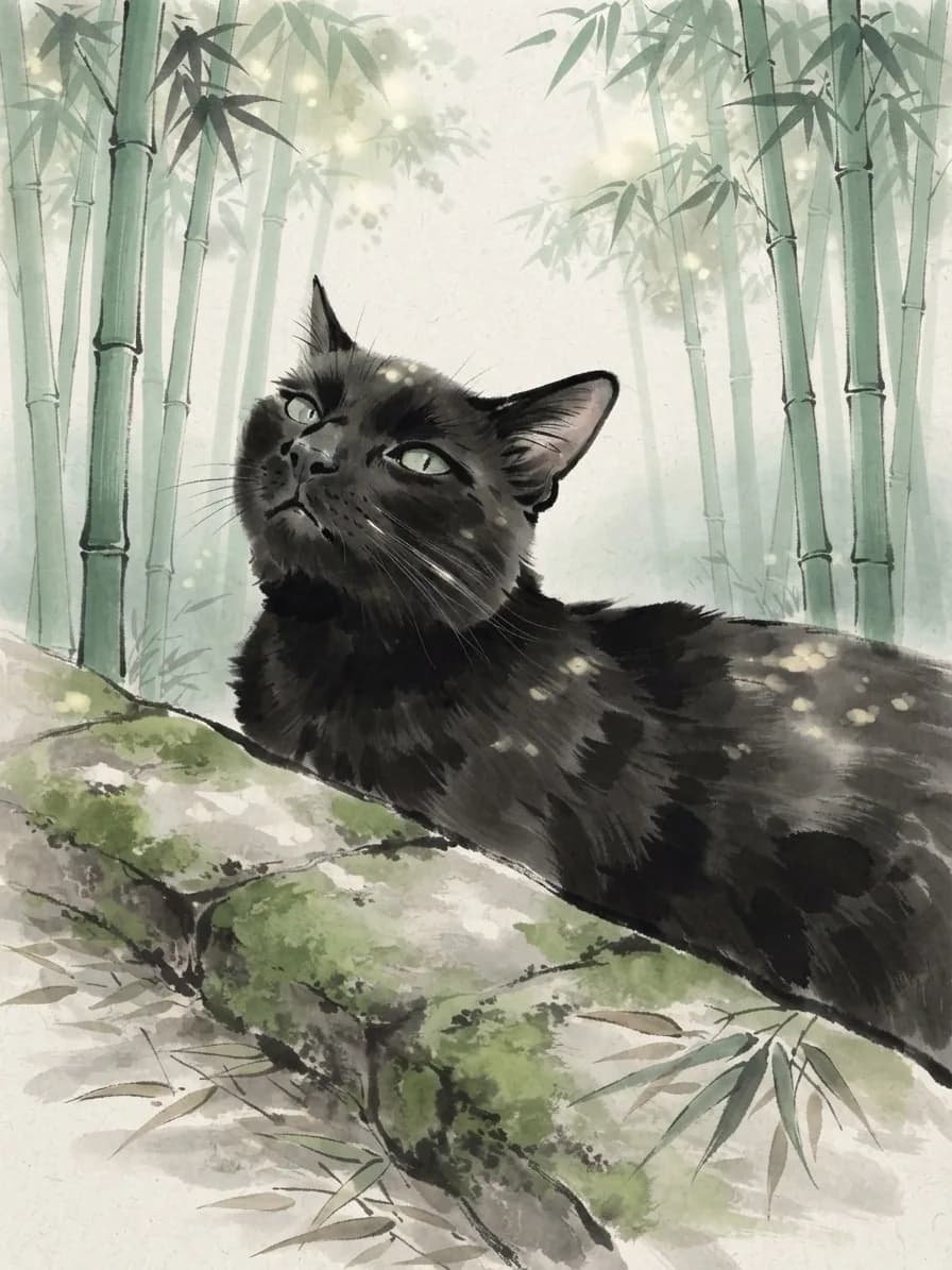 Black cat painted in Sumi-e ink among pale bamboo