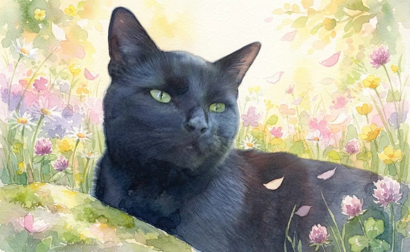 Black cat painted in watercolor among colourful spring meadow flowers