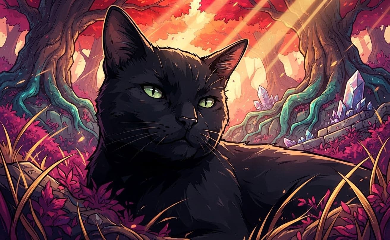 Black cat fully rendered in a prismatic battle-shonen forest using Creative Mode
