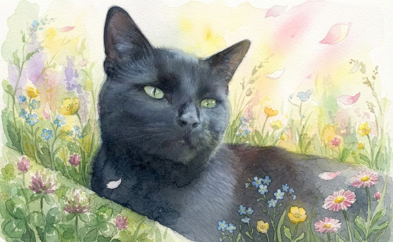 Black cat painted in watercolor among colourful spring meadow flowers
