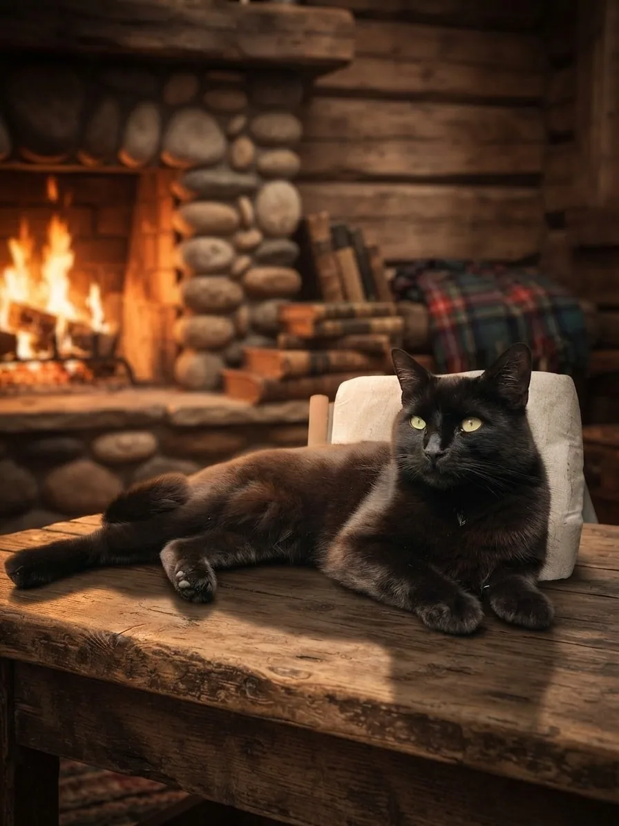 Black cat resting on a wooden table inside a cosy cabin beside a glowing fireplace