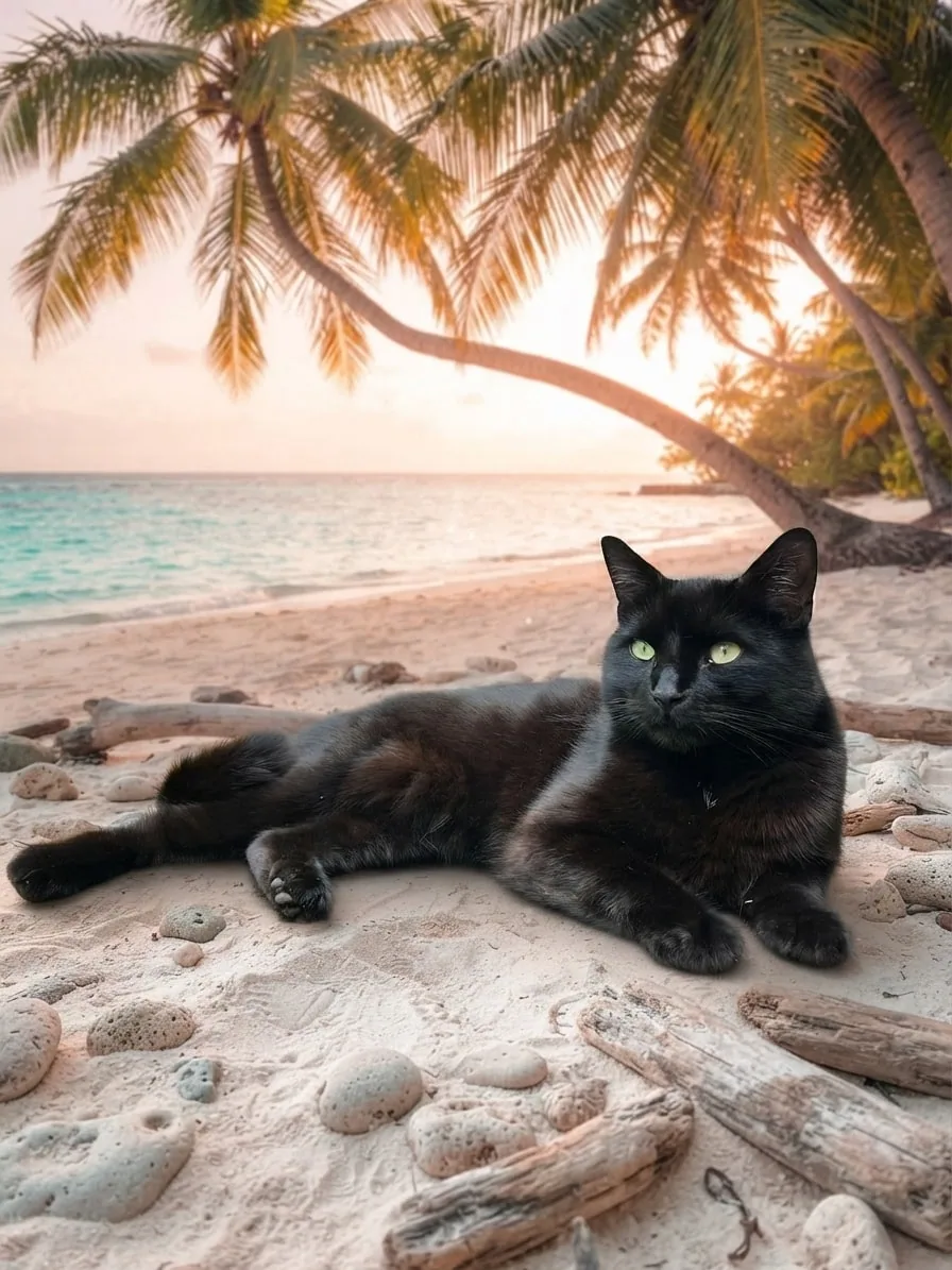 Black cat relaxing on white sand beside a warm tropical lagoon